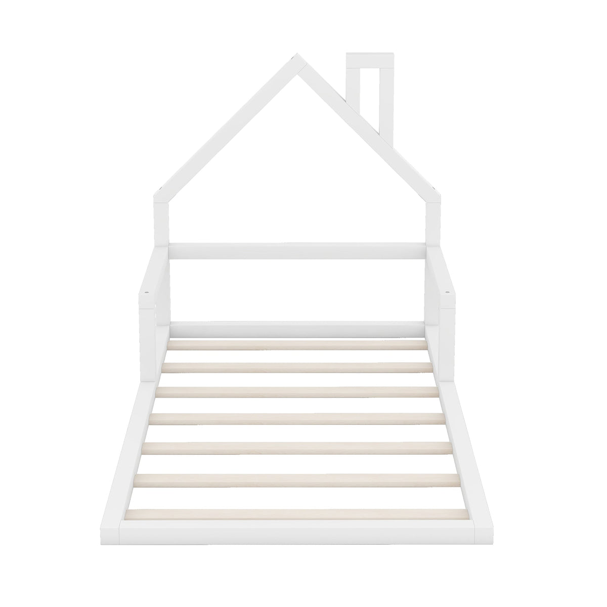 Twin Low Floor Bed for Kids with House Headboard, White