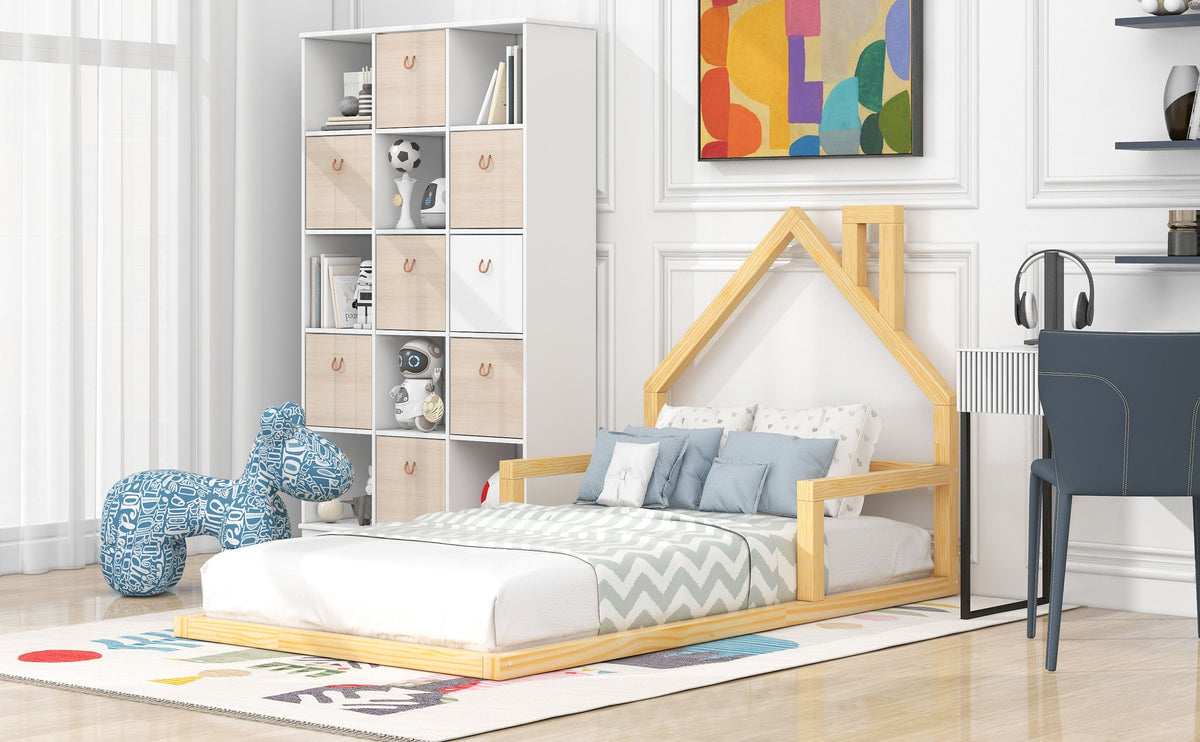 Low Twin Wood Floor Bed with House Headboard for Kids