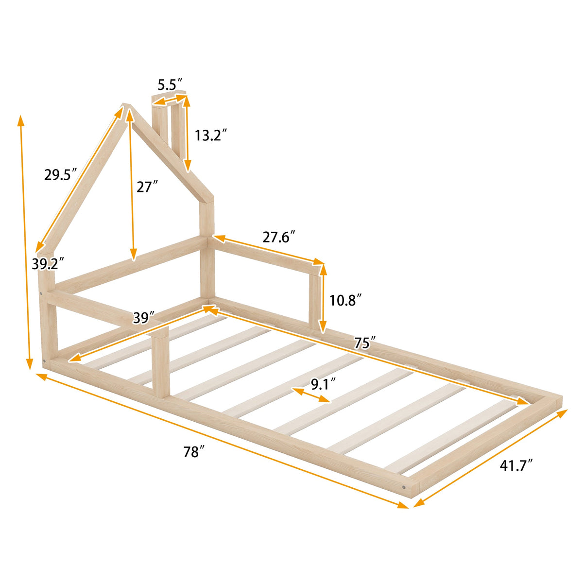 Low Twin Wood Floor Bed with House Headboard for Kids
