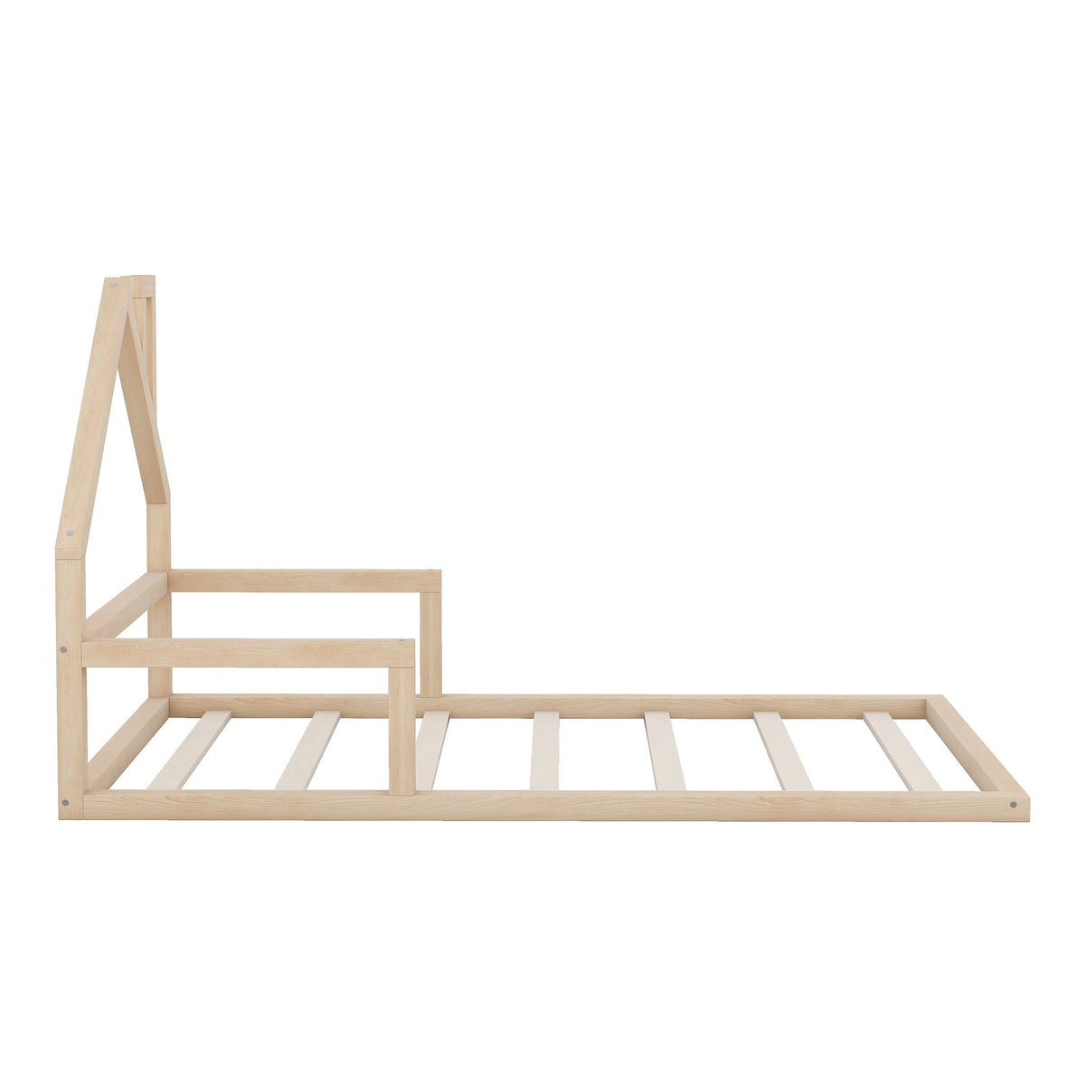 Low Twin Wood Floor Bed with House Headboard for Kids
