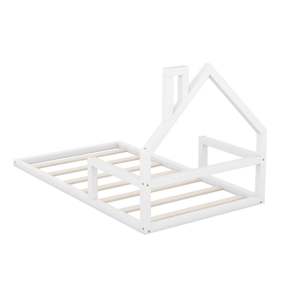 Twin Low Floor Bed for Kids with House Headboard, White