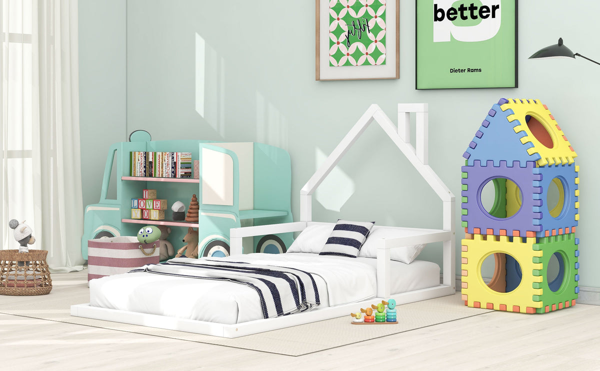 Twin Low Floor Bed for Kids with House Headboard, White