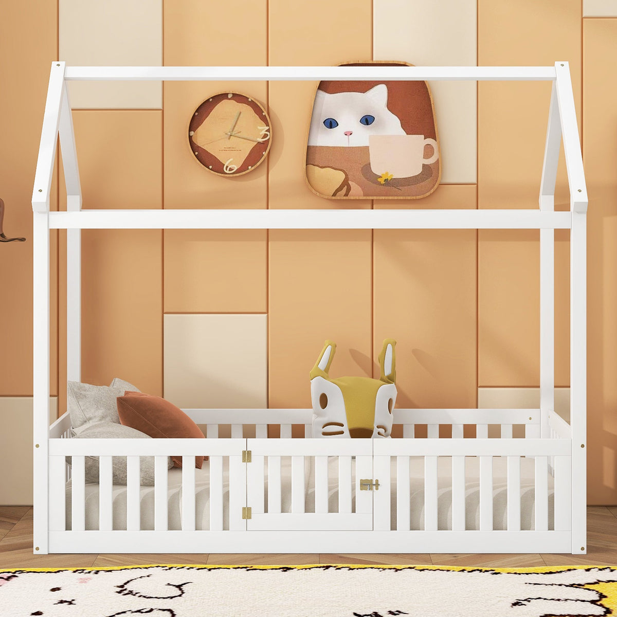 Twin Wood House Bed for Kids with Guard Rails and Door