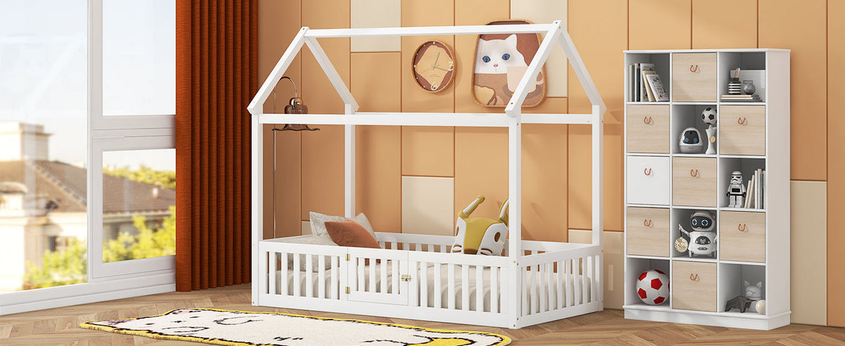 Twin Wood House Bed for Kids with Guard Rails and Door