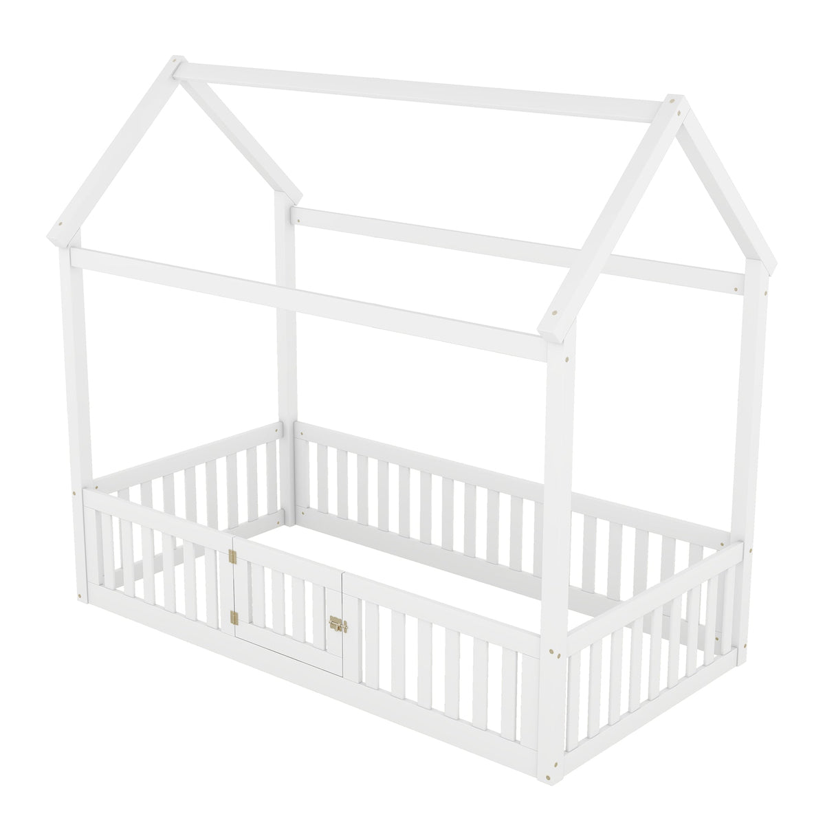 Twin Wood House Bed for Kids with Guard Rails and Door