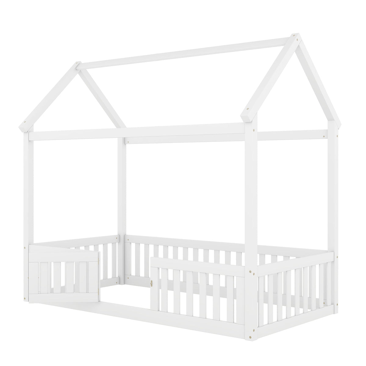 Twin Wood House Bed for Kids with Guard Rails and Door