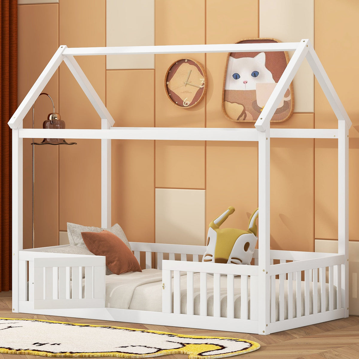 Twin Wood House Bed for Kids with Guard Rails and Door