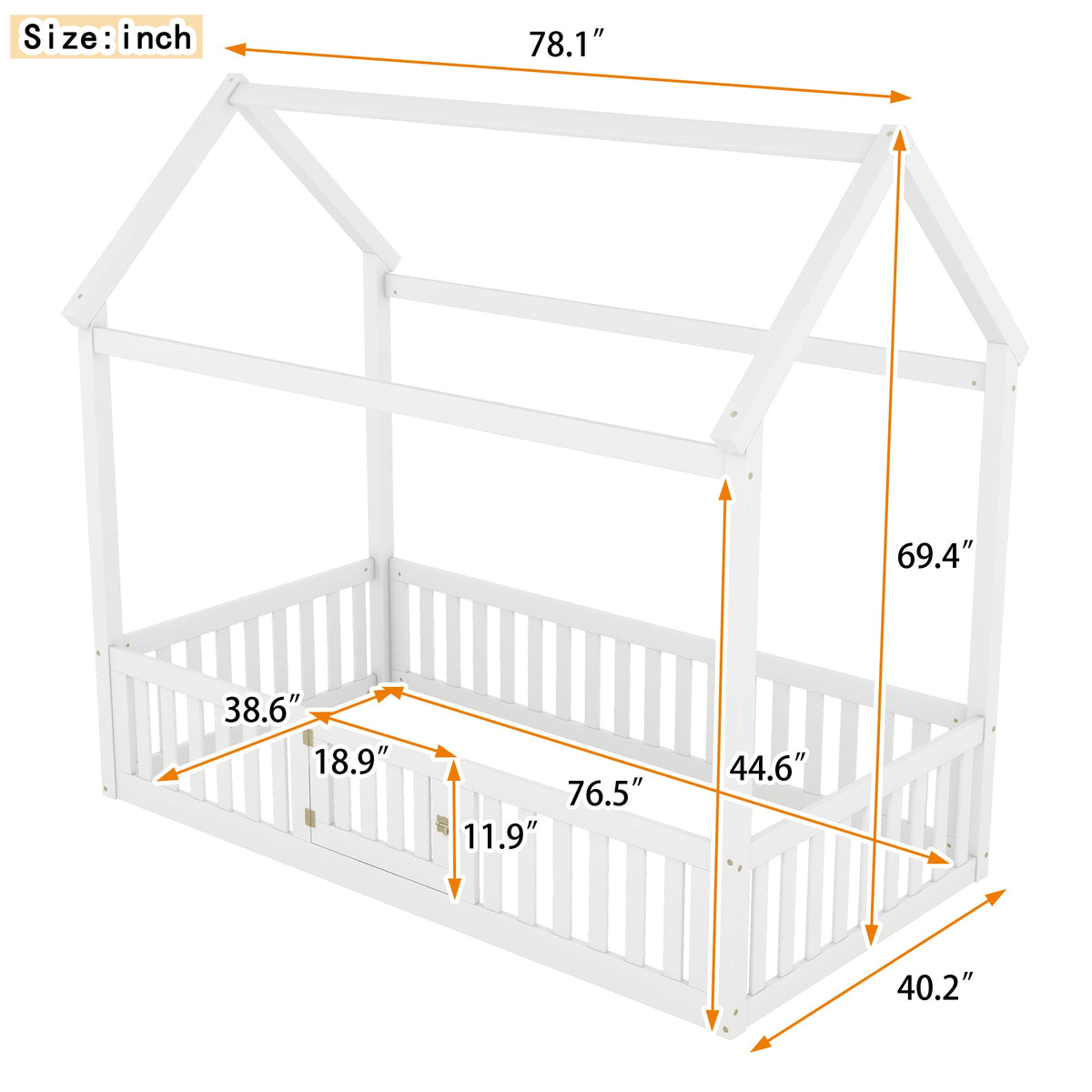 Twin Wood House Bed for Kids with Guard Rails and Door