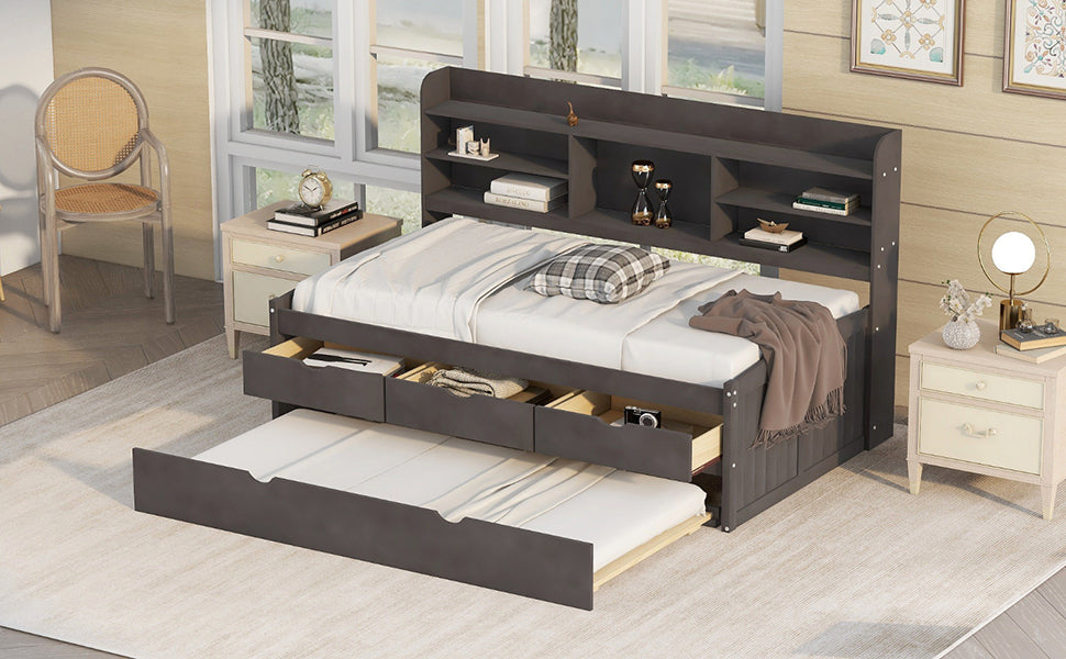 Twin Captain Bed with Bookshelf Headboard and Drawers