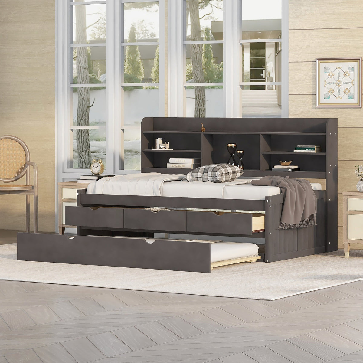 Twin Captain Bed with Bookshelf Headboard and Drawers