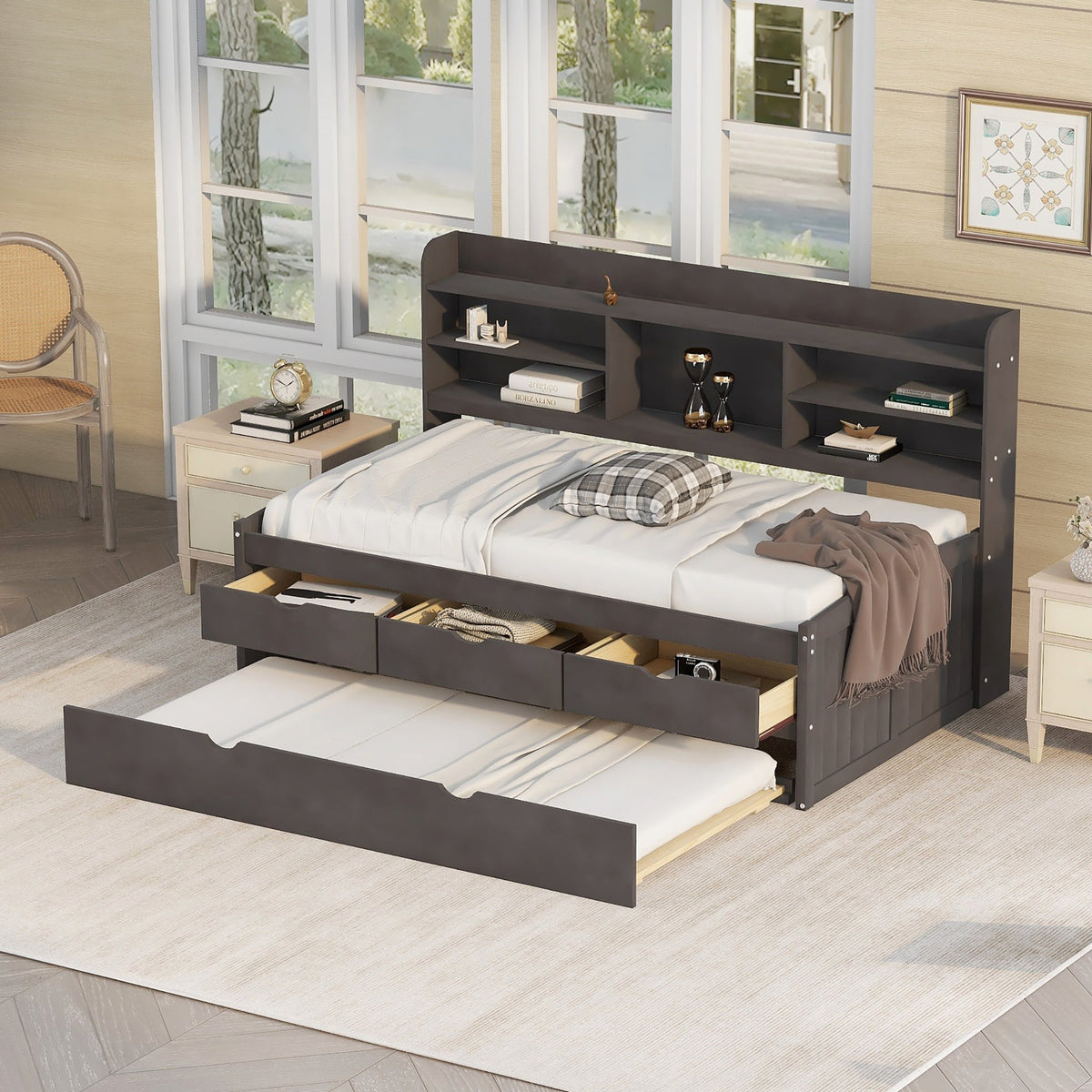 Twin Captain Bed with Bookshelf Headboard and Drawers