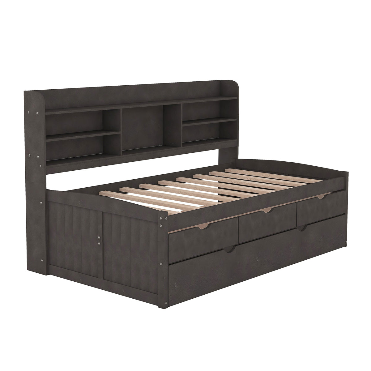 Twin Captain Bed with Bookshelf Headboard and Drawers