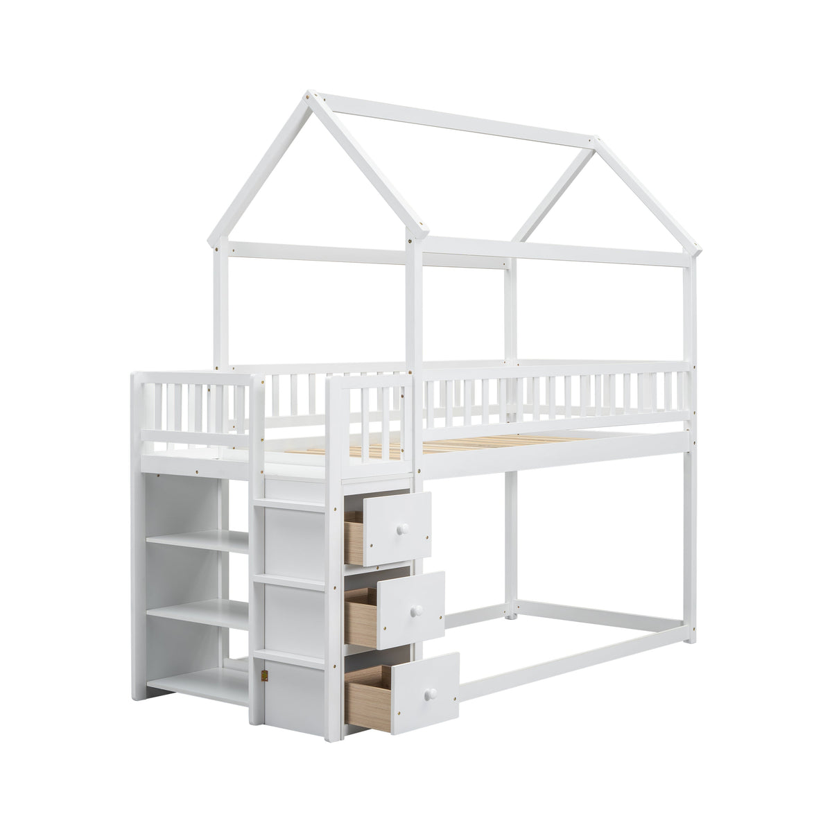 Kids Twin Bunk Bed with Drawers and Shelves, White