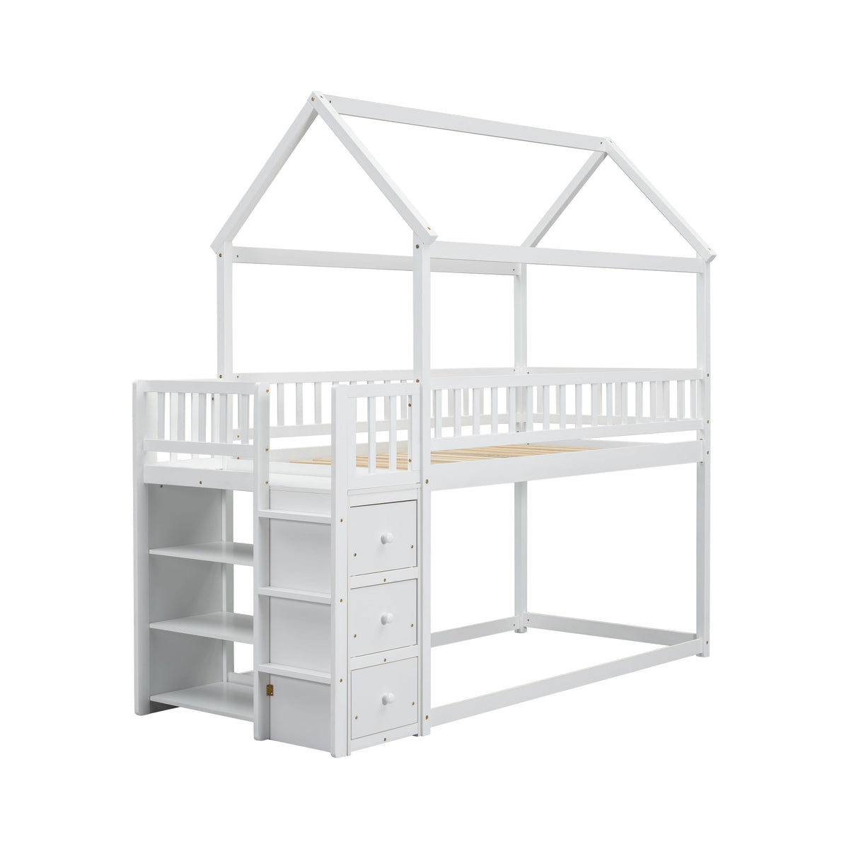Kids Twin Bunk Bed with Drawers and Shelves, White