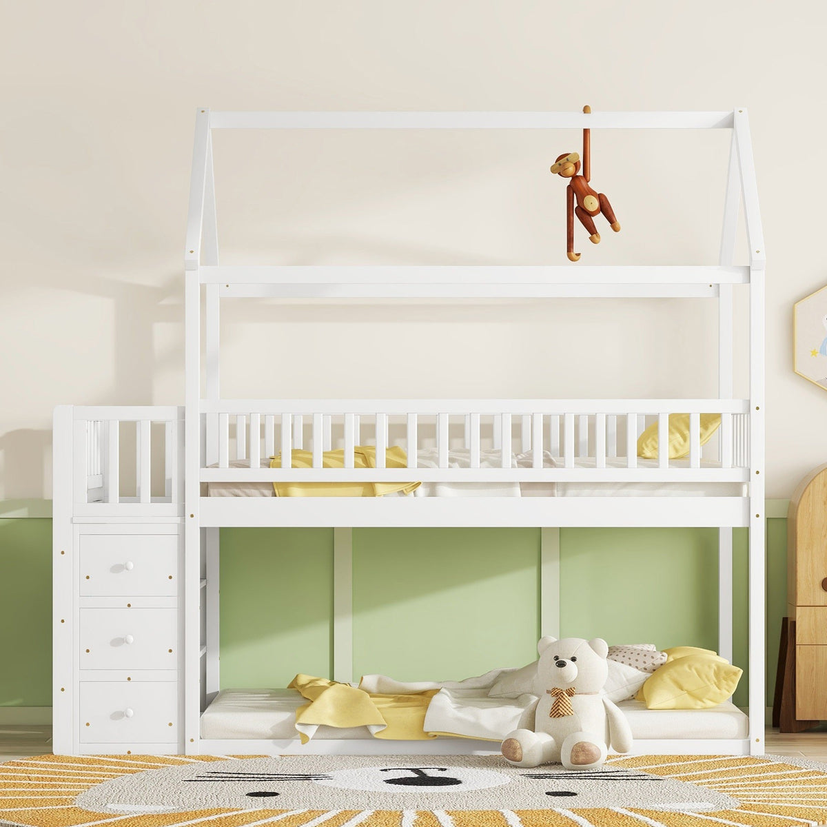 Kids Twin Bunk Bed with Drawers and Shelves, White