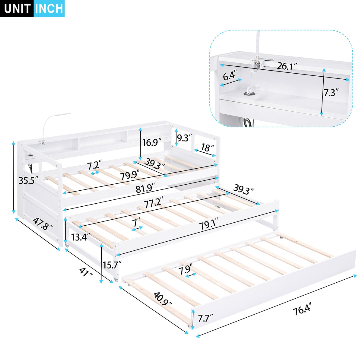 Twin XL Wood Daybed with 2 Trundles and Storage Shelf