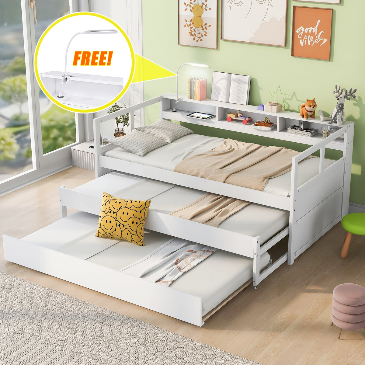 Twin XL Wood Daybed with 2 Trundles and Storage Shelf