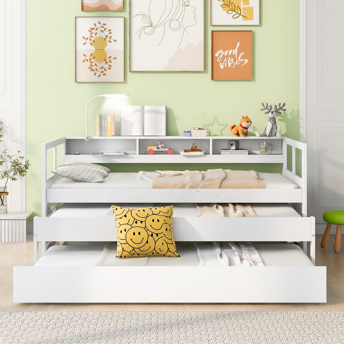 Twin XL Wood Daybed with 2 Trundles and Storage Shelf