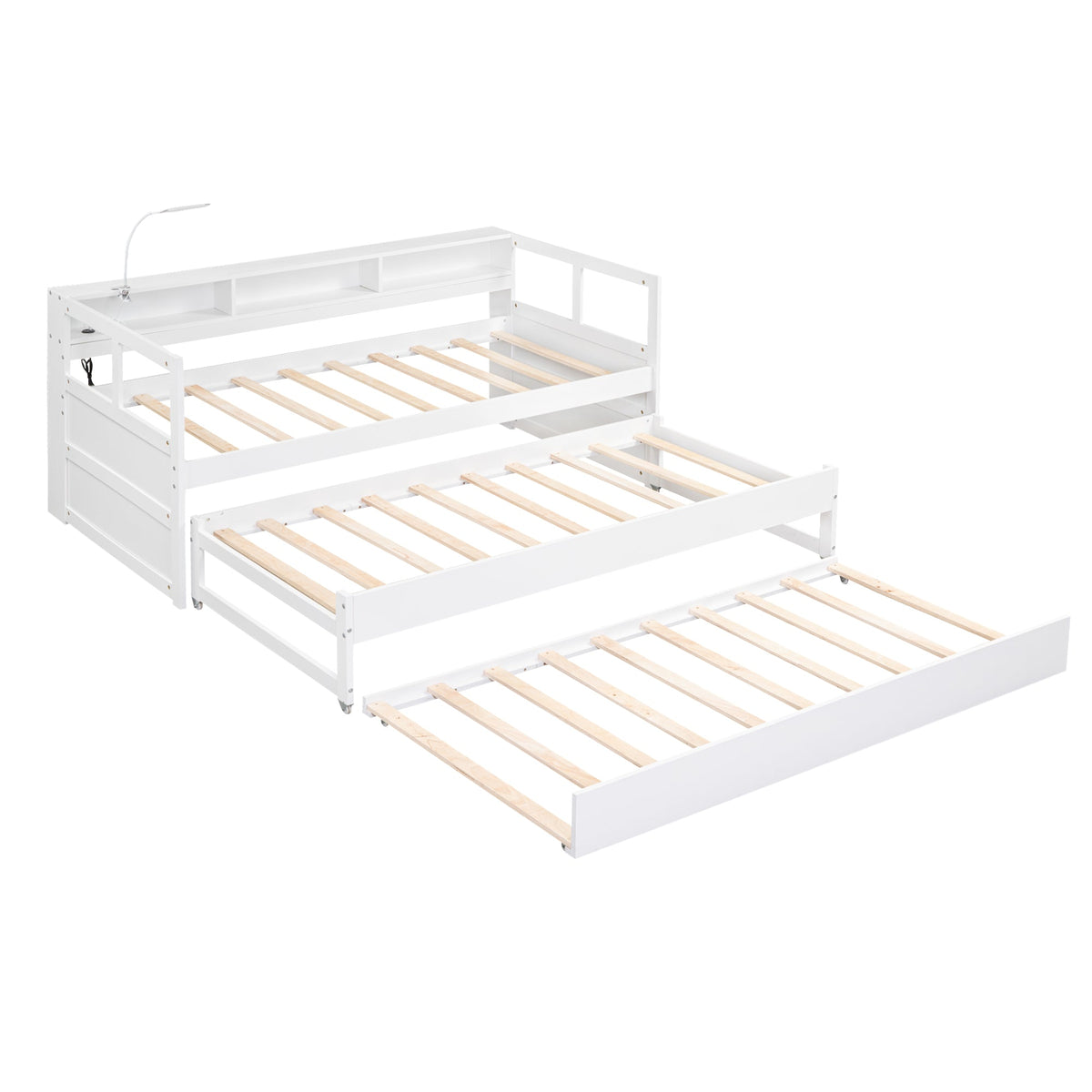 Twin XL Wood Daybed with 2 Trundles and Storage Shelf