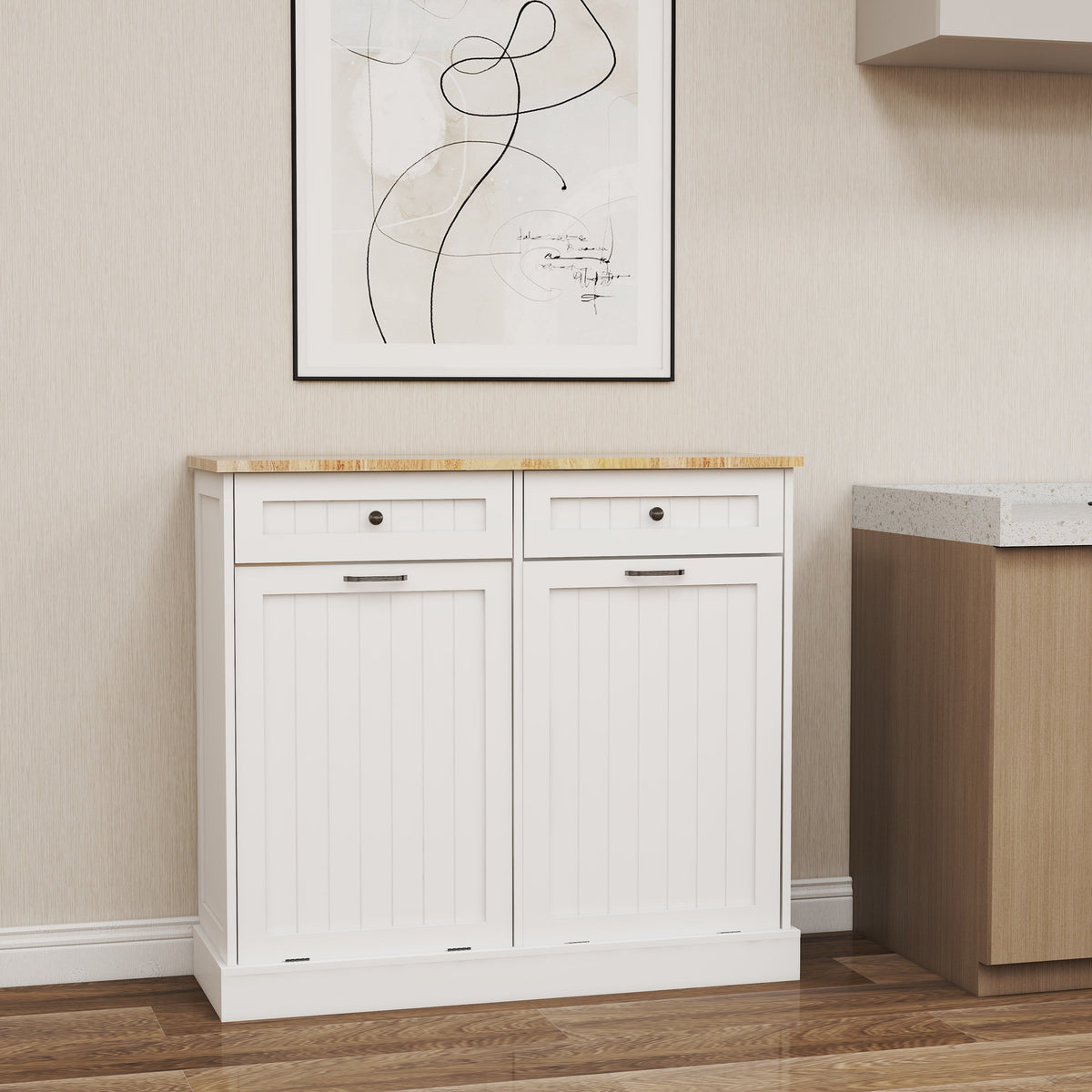 Tilt-Out Kitchen Trash Cabinet with Drawers, White