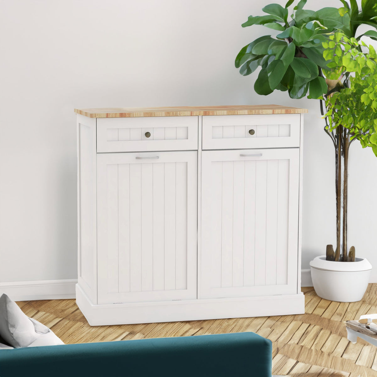 Tilt-Out Kitchen Trash Cabinet with Drawers, White