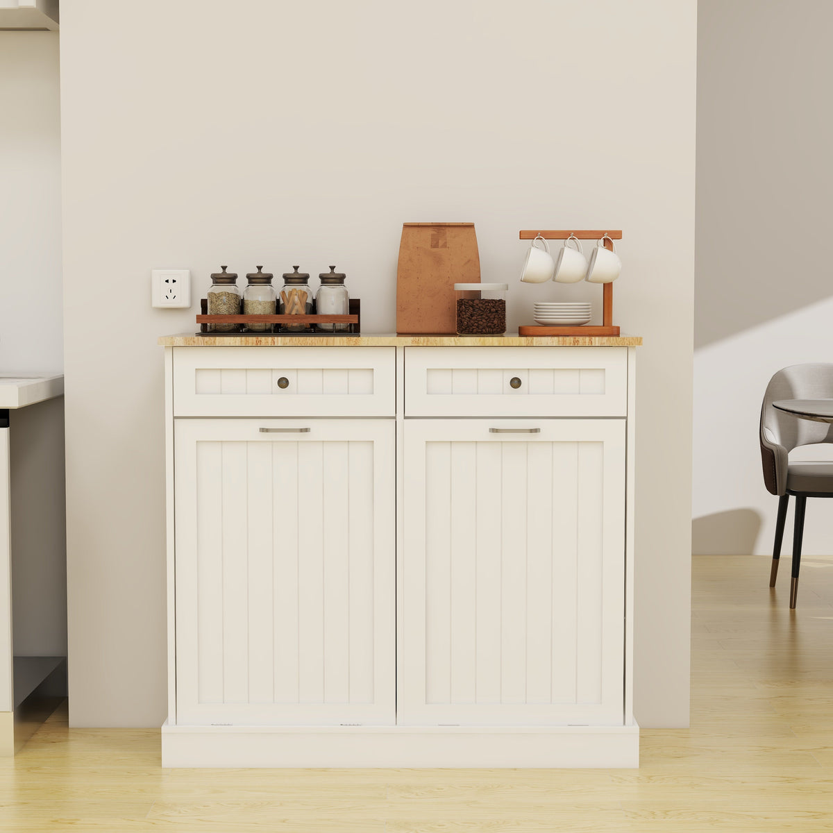 Tilt-Out Kitchen Trash Cabinet with Drawers, White