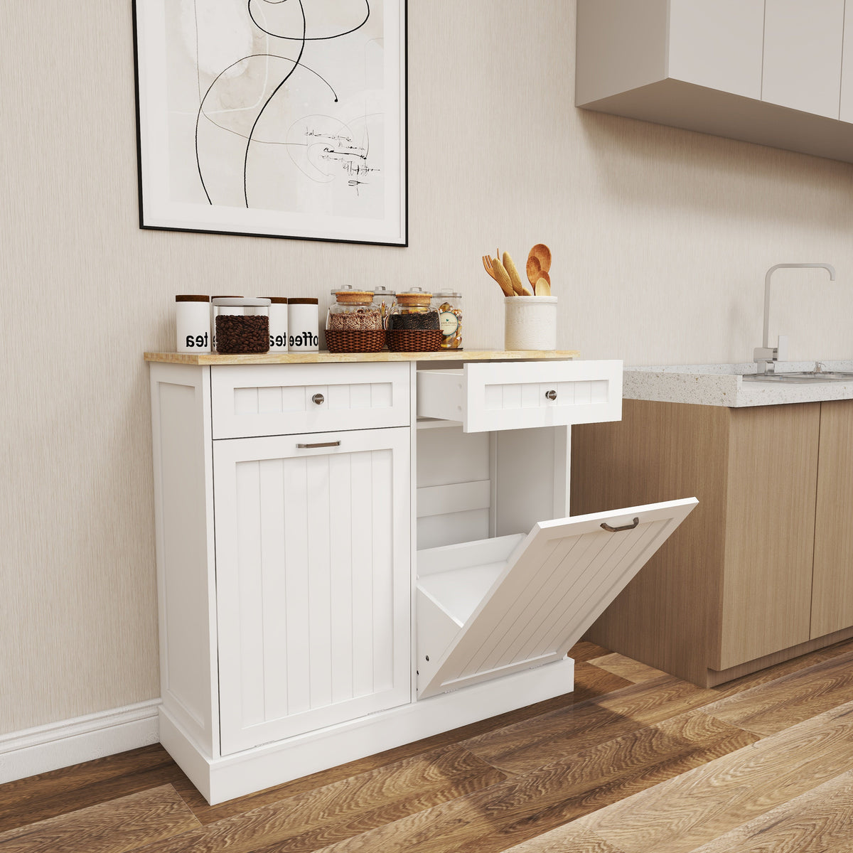 Tilt-Out Kitchen Trash Cabinet with Drawers, White