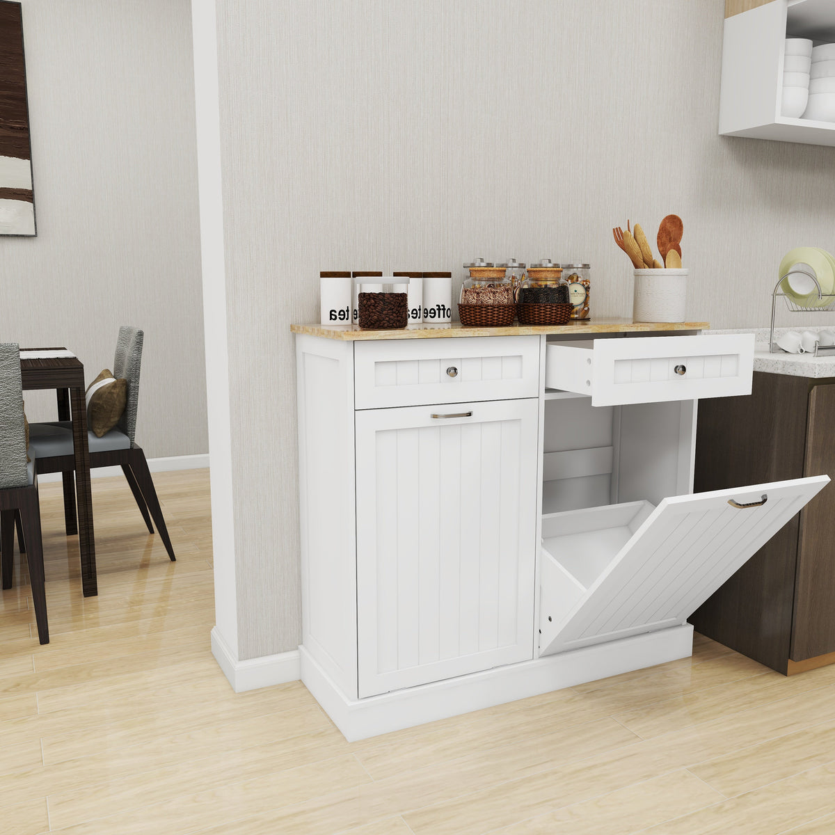 Tilt-Out Kitchen Trash Cabinet with Drawers, White