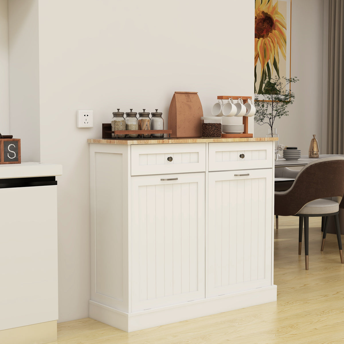 Tilt-Out Kitchen Trash Cabinet with Drawers, White