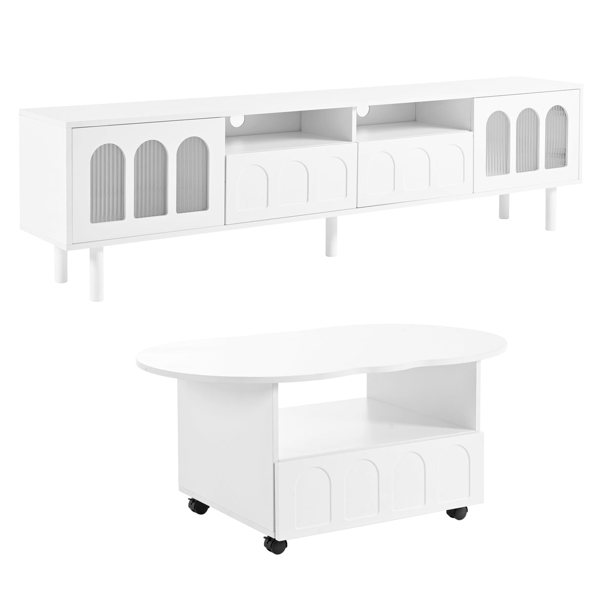 Cream TV Stand and Coffee Table Set with Cable Holes