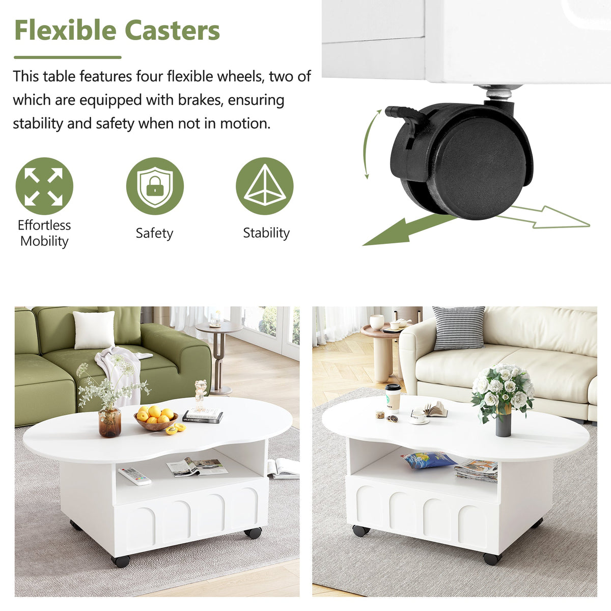 Cream TV Stand and Coffee Table Set with Cable Holes