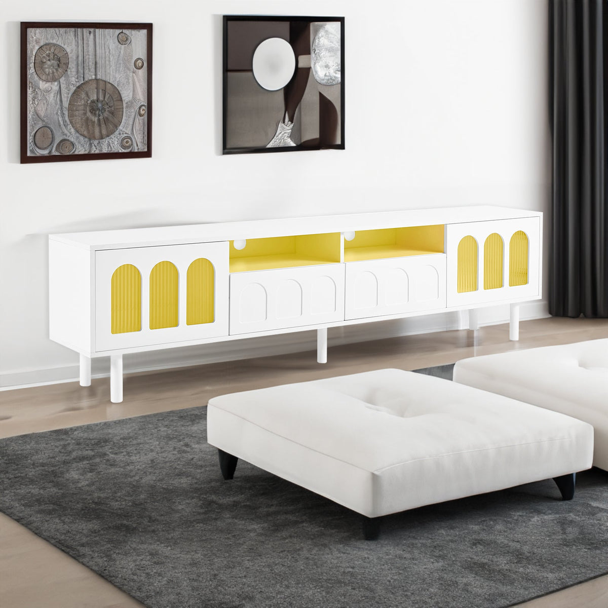Cream TV Stand and Coffee Table Set with Cable Holes