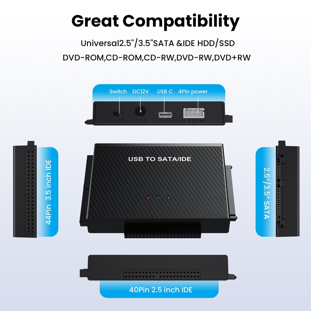 Hard Drive Adapter USB 3.1 to SATA IDE, 2.5 & 3.5-inch
