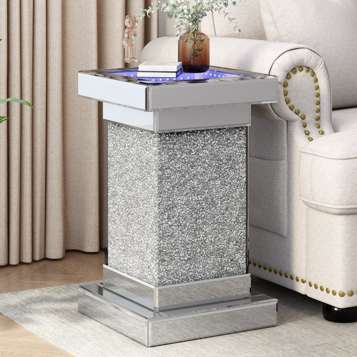 Silver Mirrored Crystal Side Table with LED Lights