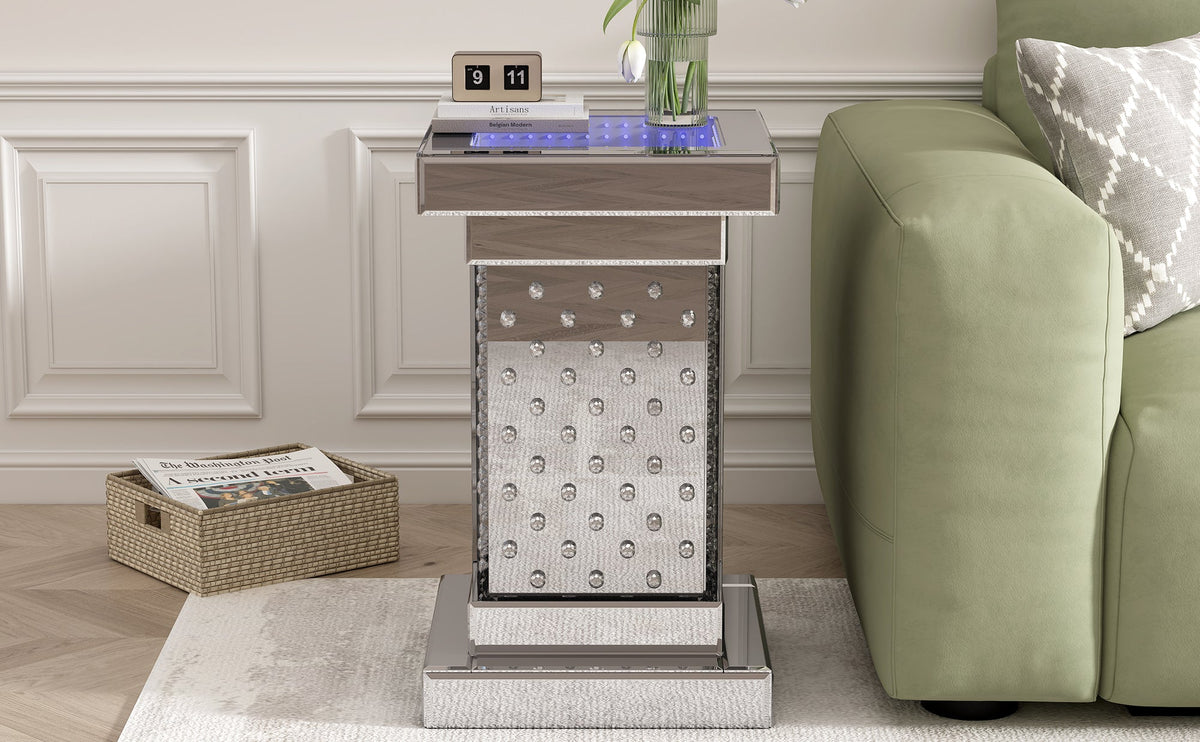 Mirrored Crystal Side Table with LED Light, No Assembly