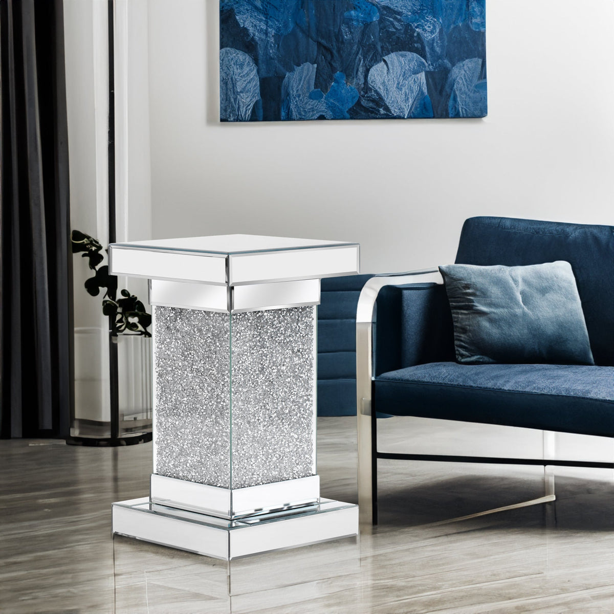Silver Mirrored Crystal Side Table with LED Lights