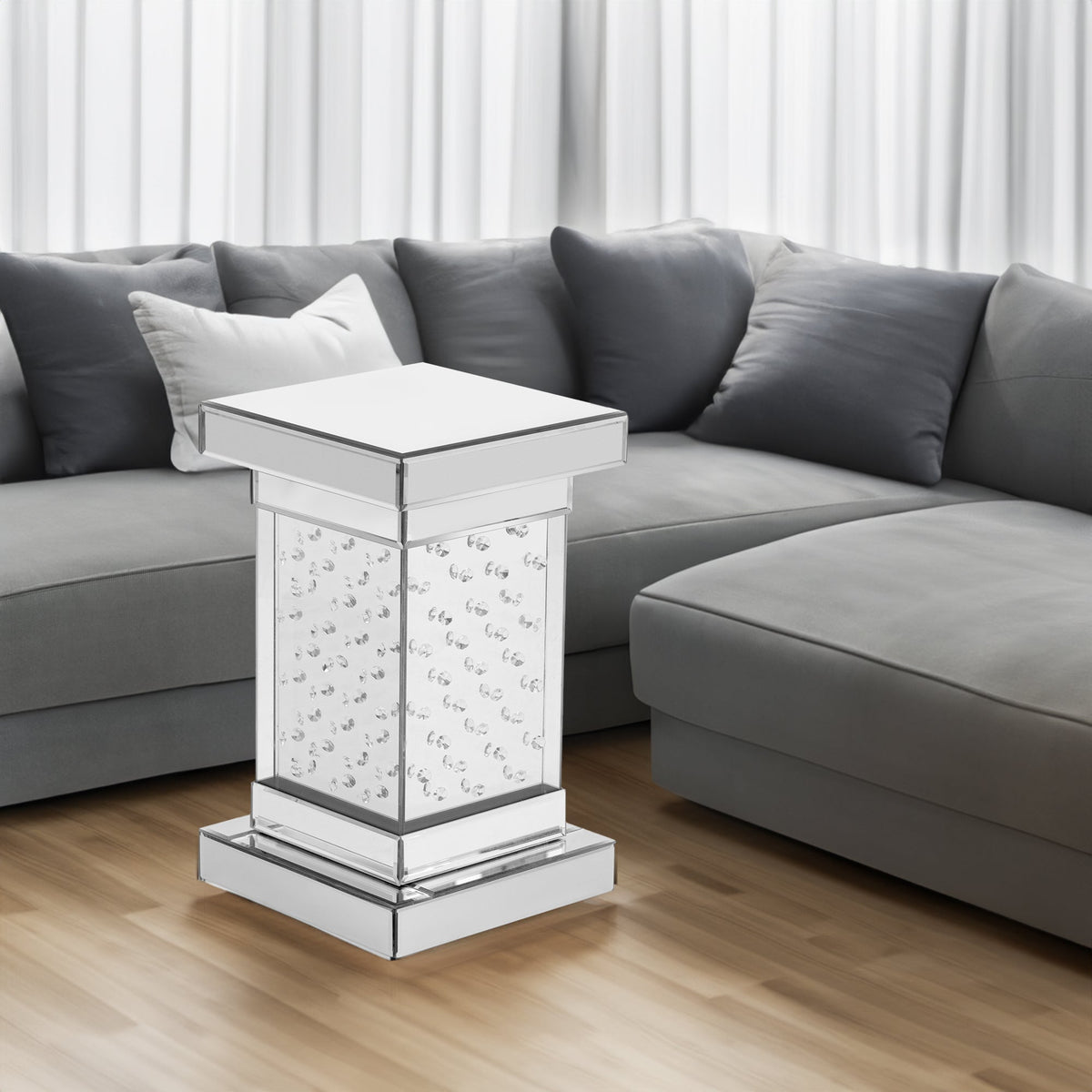 Mirrored Crystal Side Table with LED Light, No Assembly