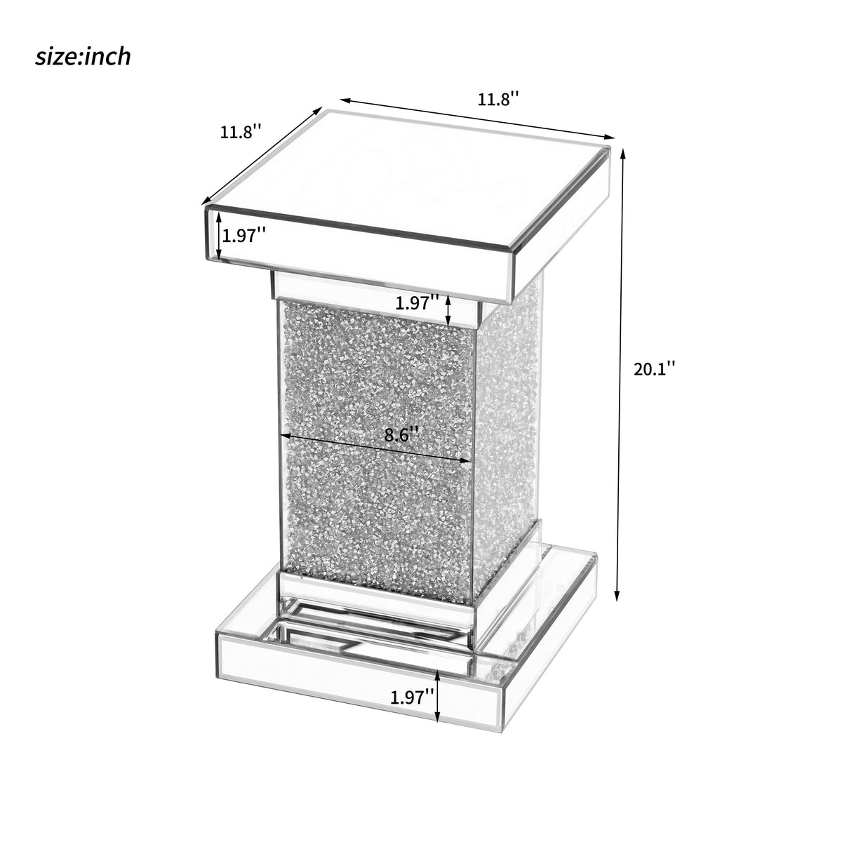 Silver Mirrored Crystal Side Table with LED Lights