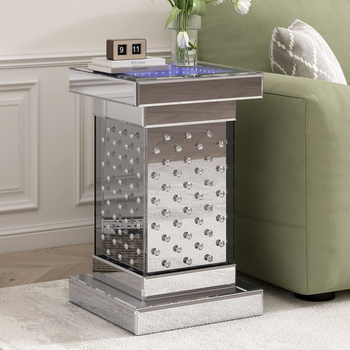 Mirrored Crystal Side Table with LED Light, No Assembly