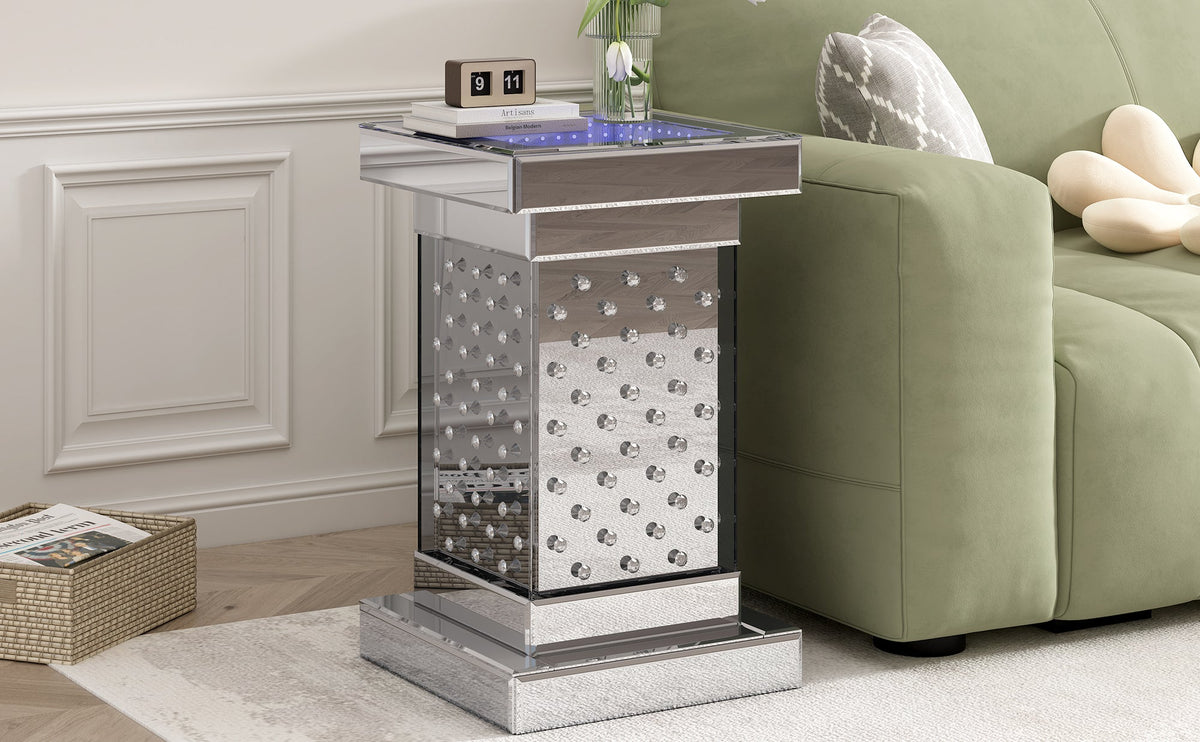 Mirrored Crystal Side Table with LED Light, No Assembly