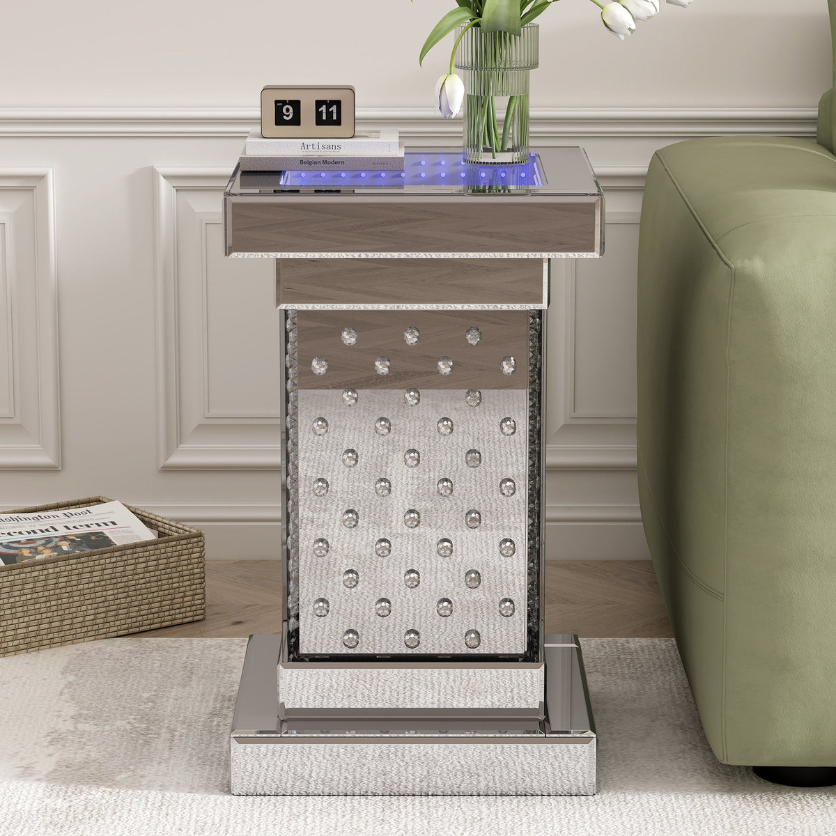 Mirrored Crystal Side Table with LED Light, No Assembly
