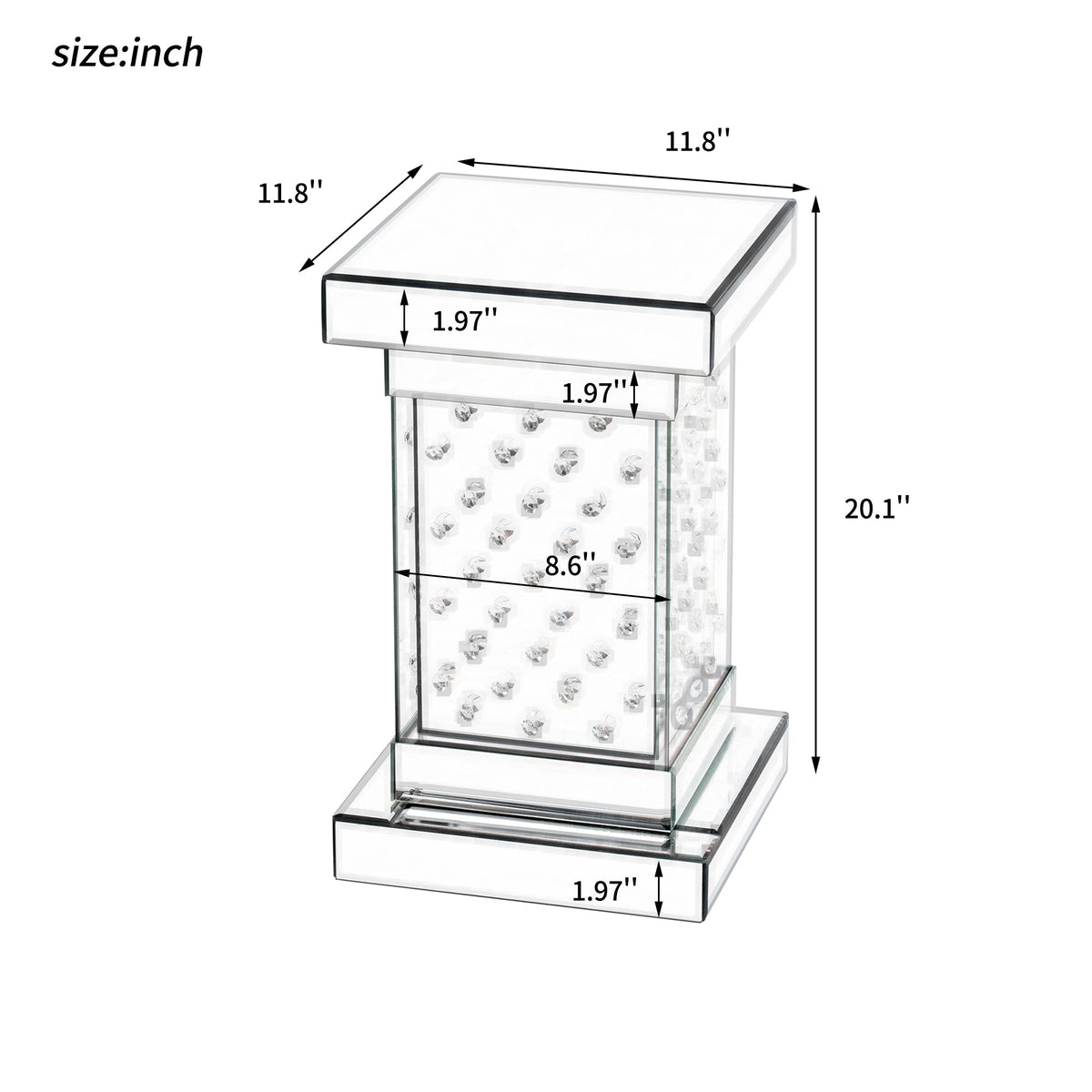 Mirrored Crystal Side Table with LED Light, No Assembly