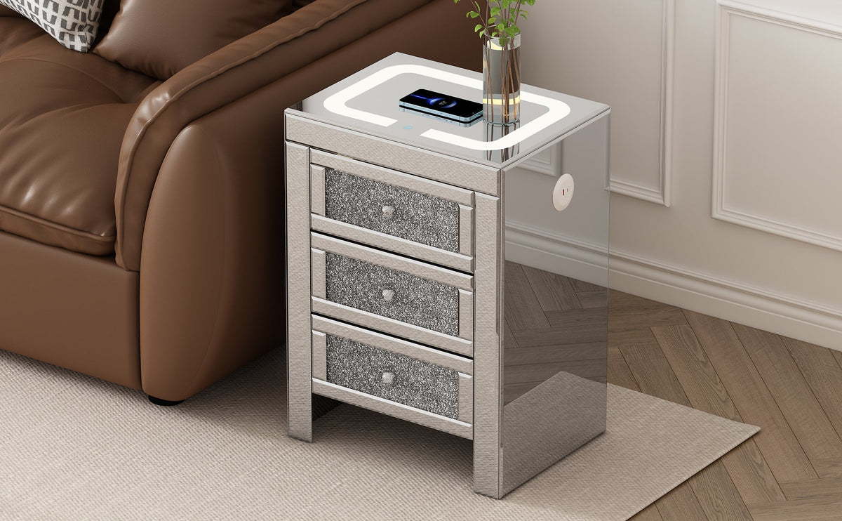 Mirrored Nightstand with Wireless Charging & LED Light
