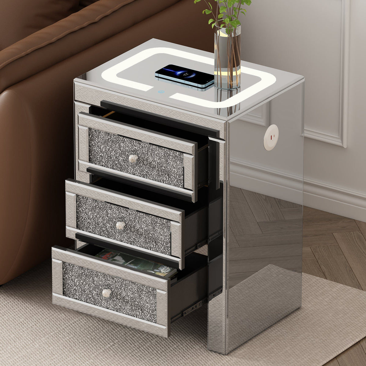 Mirrored Nightstand with Wireless Charging & LED Light