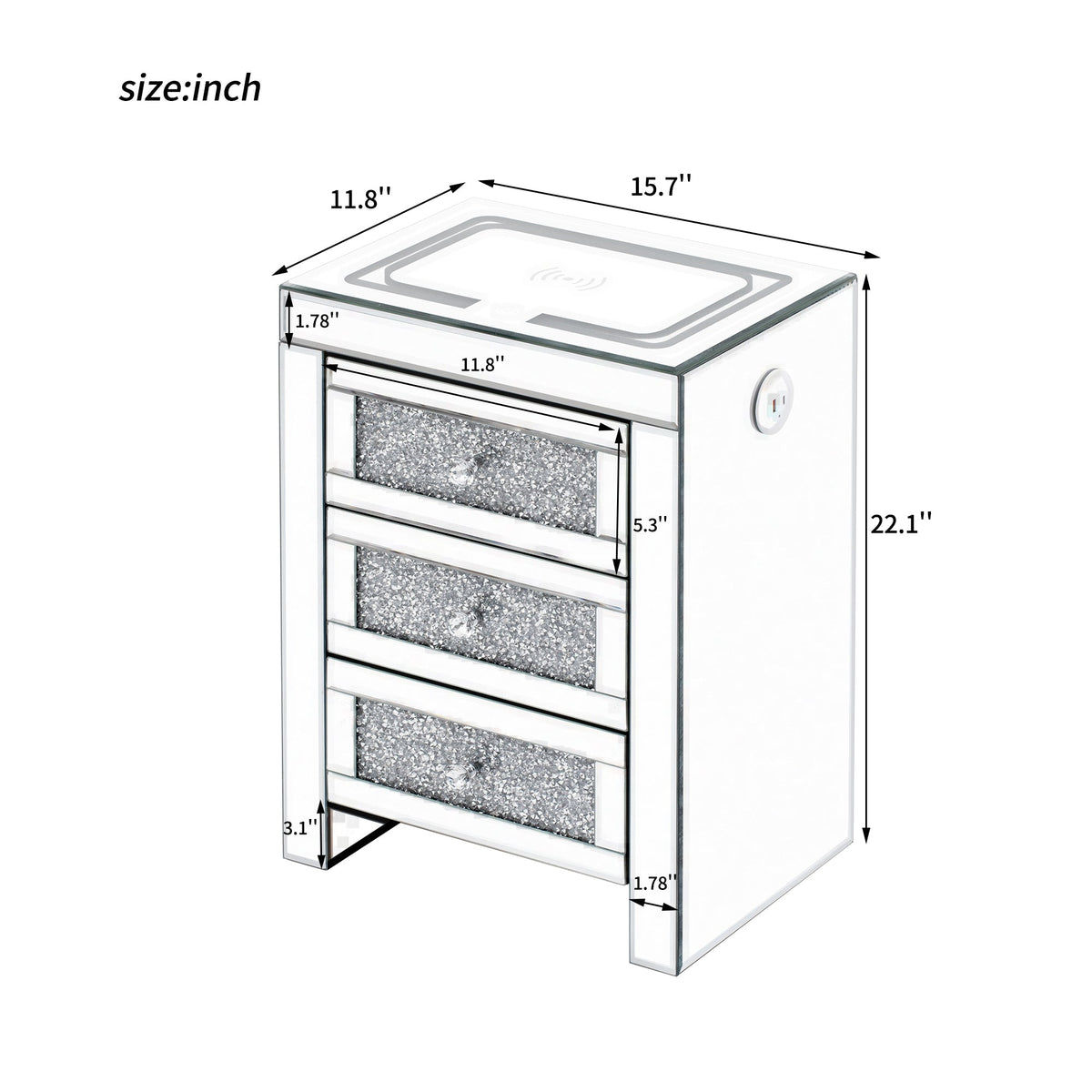 Mirrored Nightstand with Wireless Charging & LED Light