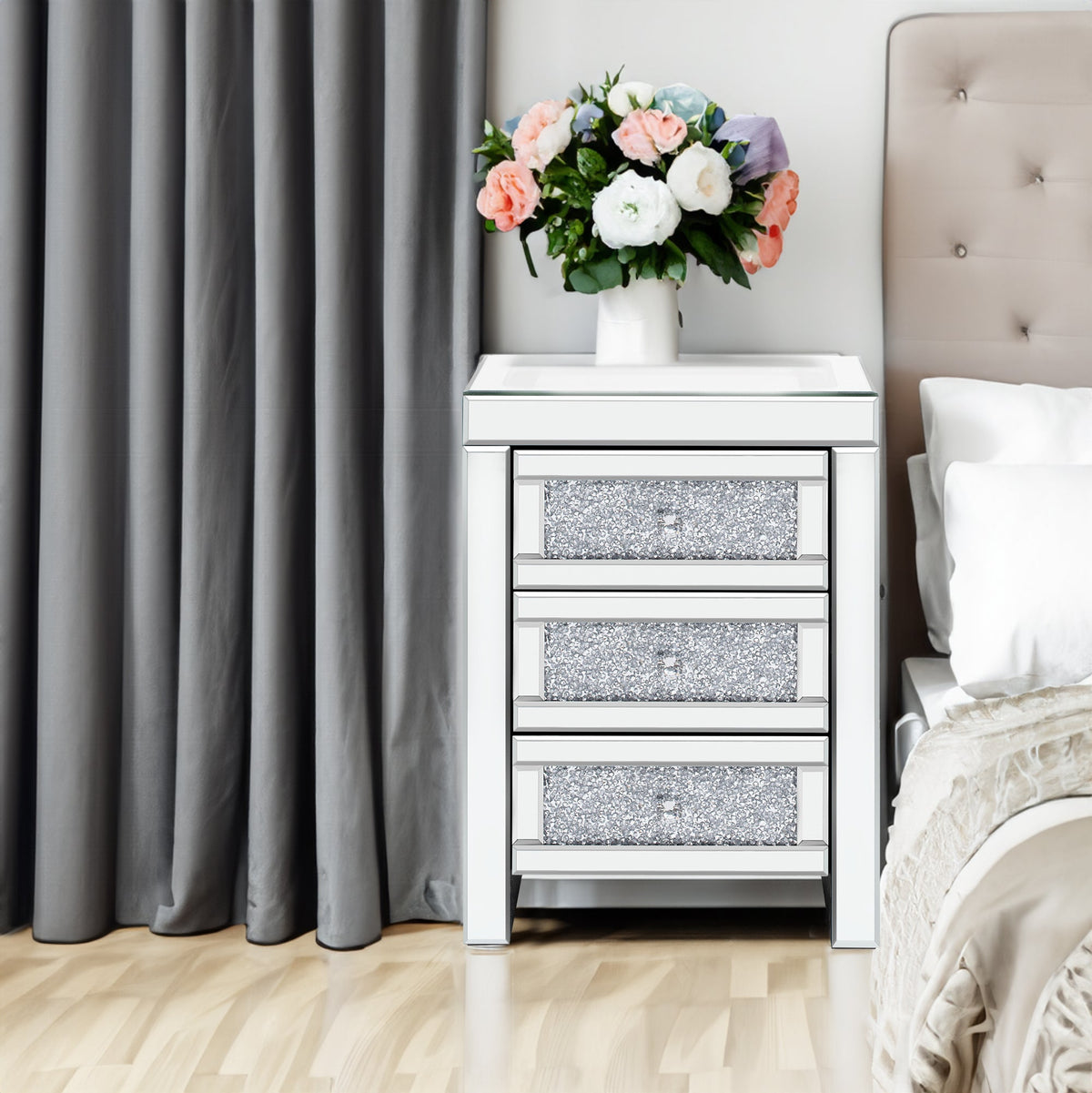Mirrored Nightstand with Wireless Charging & LED Light