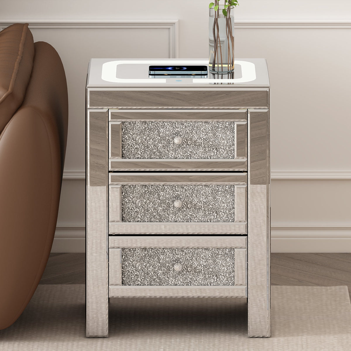 Mirrored Nightstand with Wireless Charging & LED Light