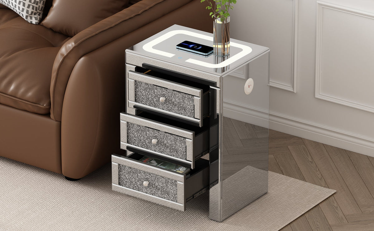 Mirrored Nightstand with Wireless Charging & LED Light