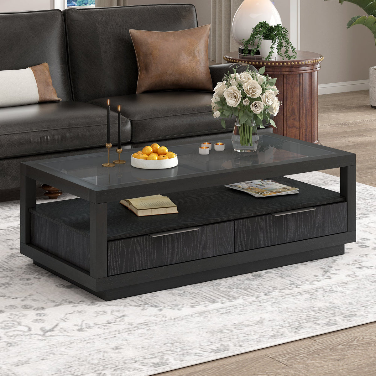 Modern Coffee Table with Drawers and Glass Top