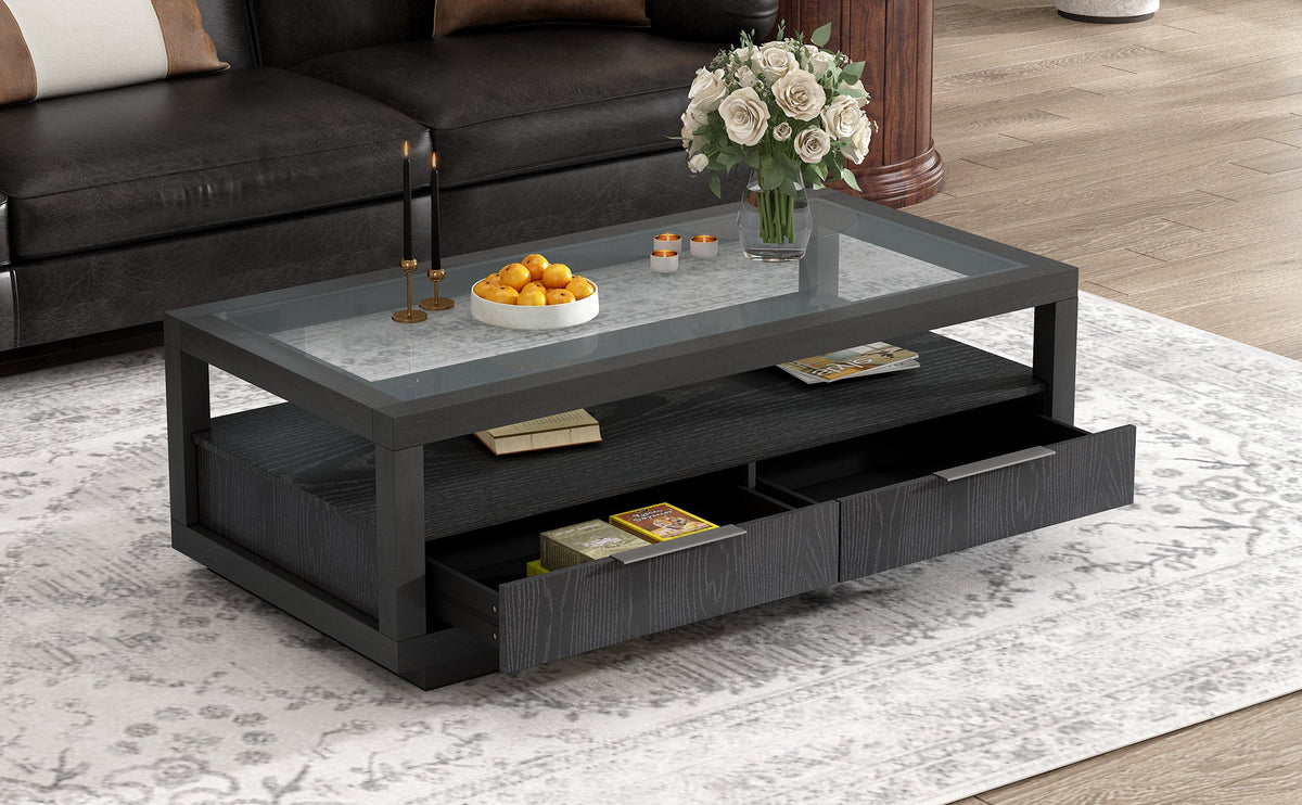 Modern Coffee Table with Drawers and Glass Top